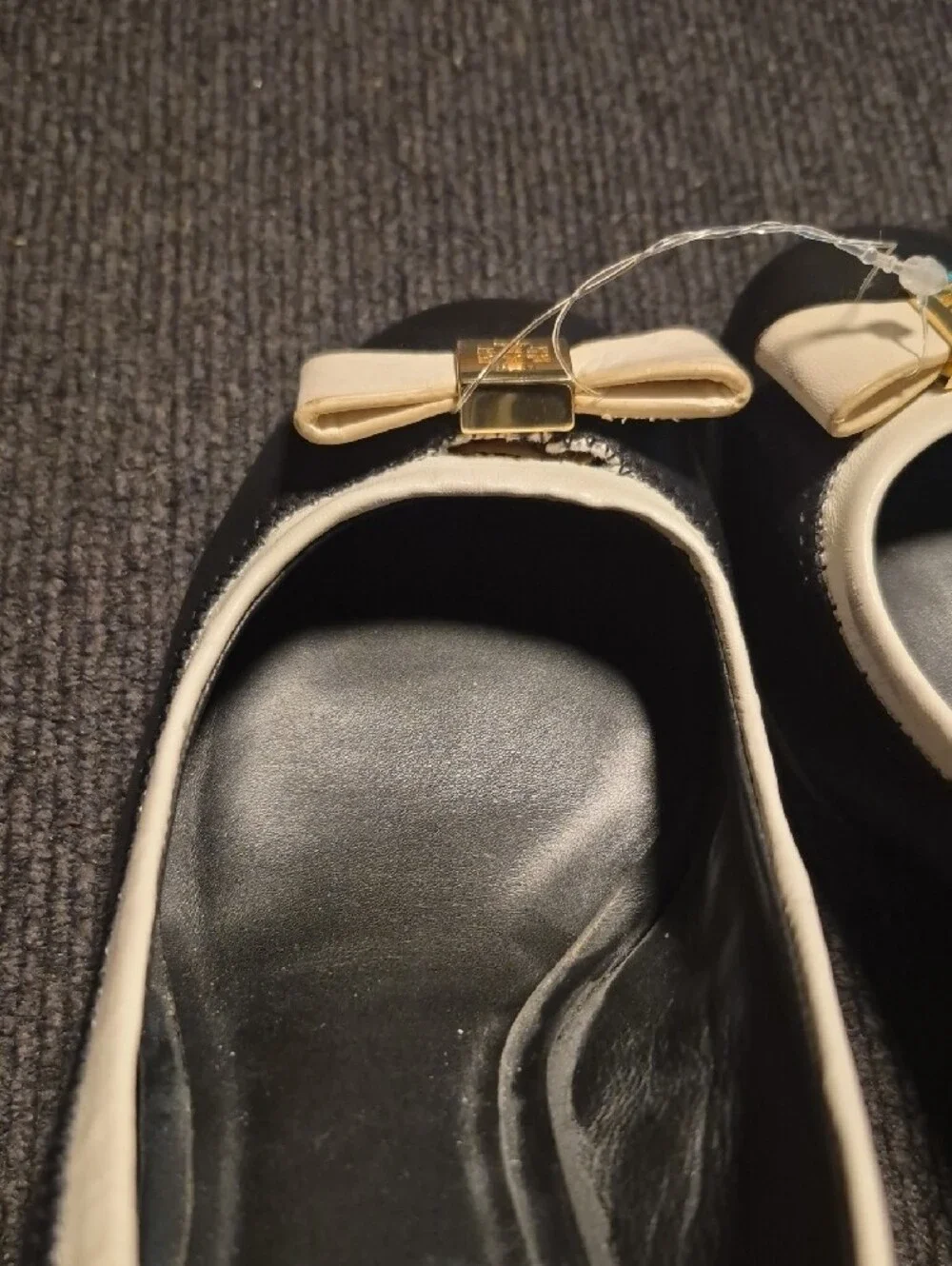 Tory Burch Black Wedge Pumps with Cream Trim and Bow Accent